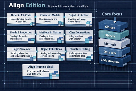 Educational diagram on organizing C# classes, objects, and logic with text and icons.
