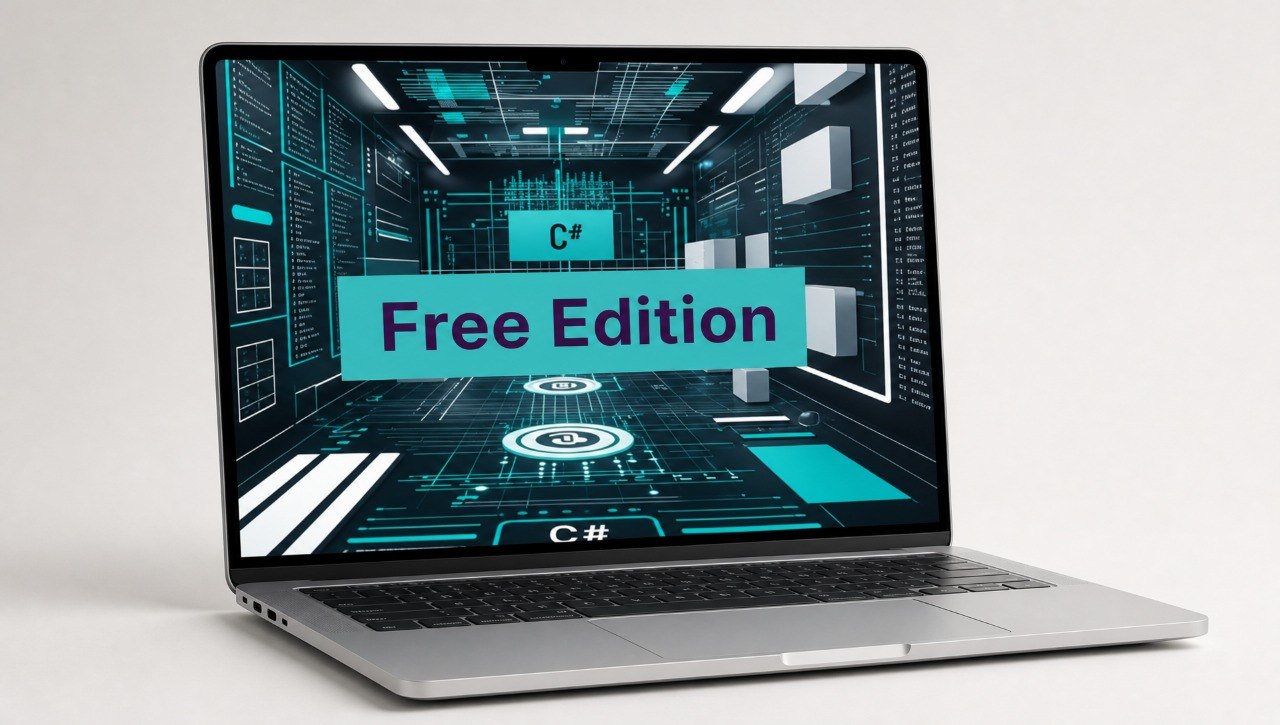 Laptop displaying a futuristic interface with 'Free Edition' text on a white background