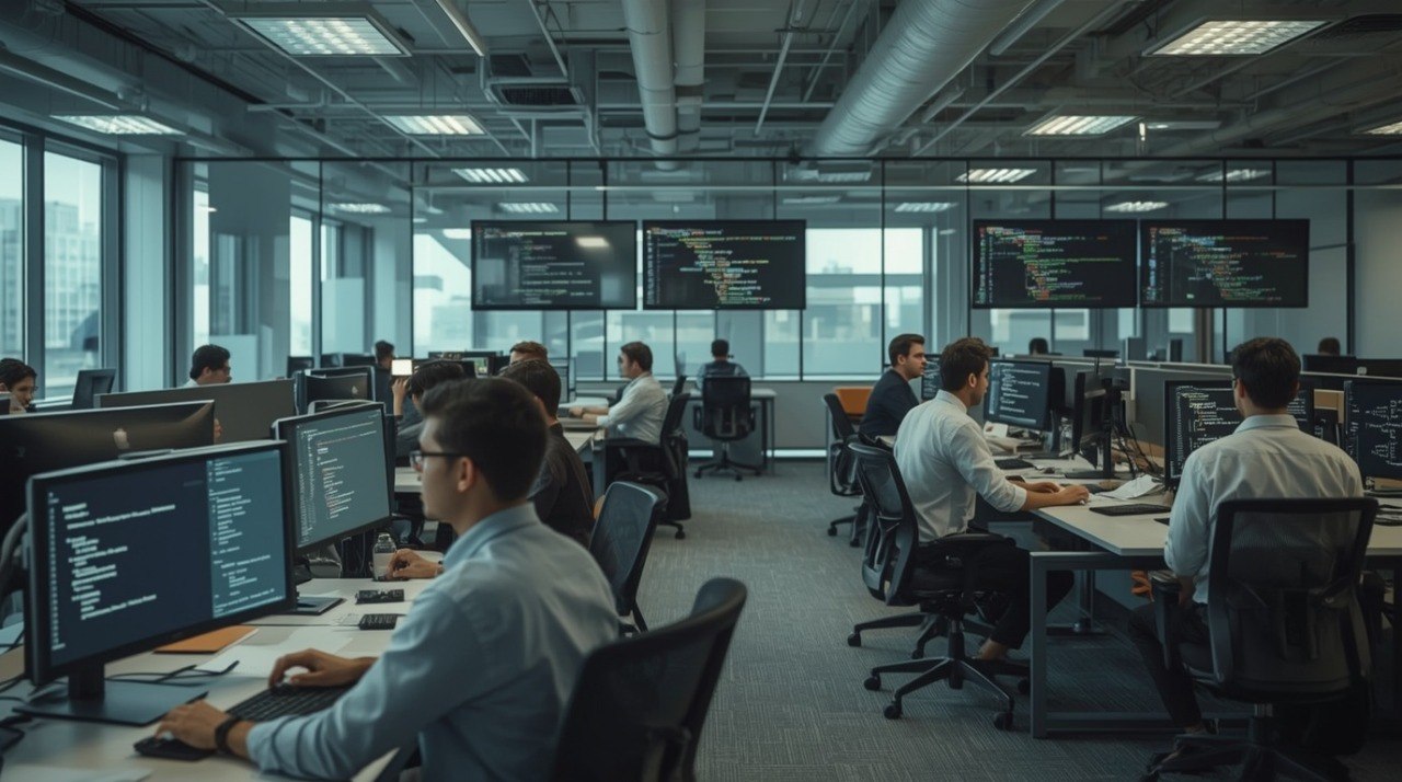 Control room with multiple monitors and people working in a technical setting