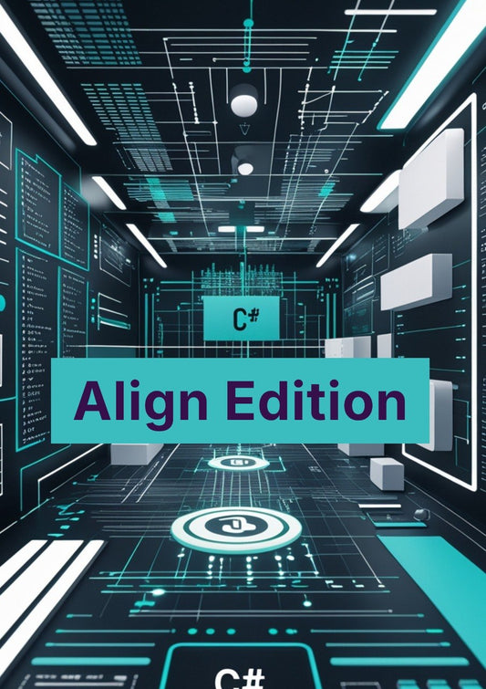 Futuristic interior with digital elements and 'C# Align Edition' text.