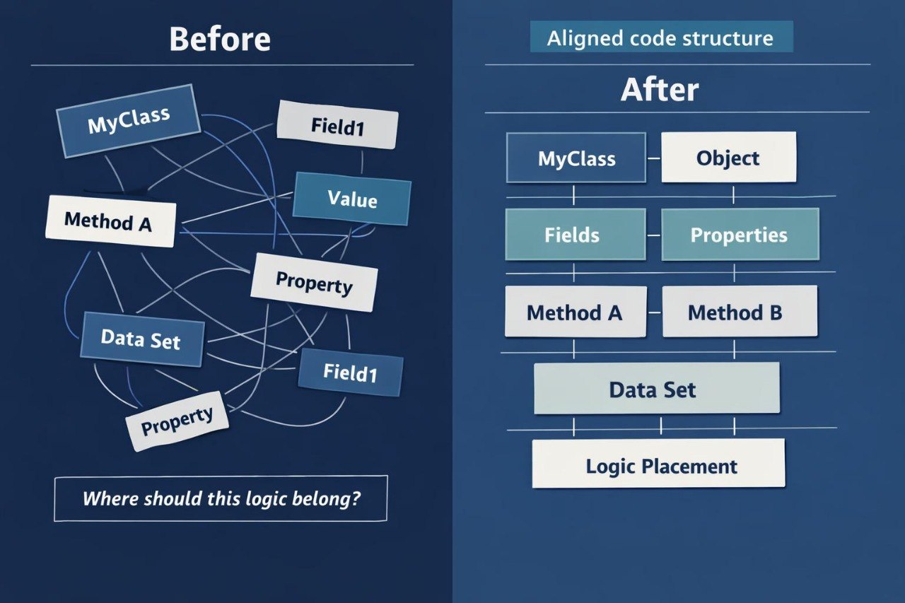 Comparison of code structure before and after alignment on a blue background
