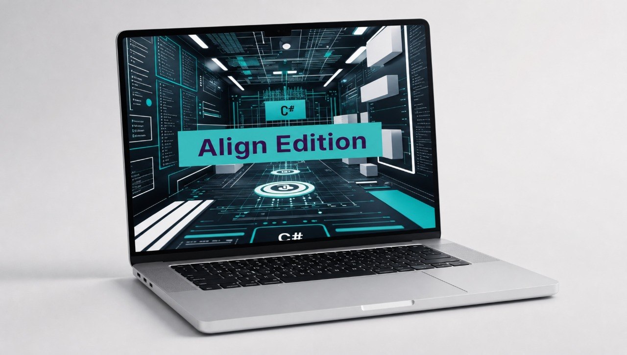 Laptop with a futuristic interface on the screen displaying 'Align Edition' on a white background