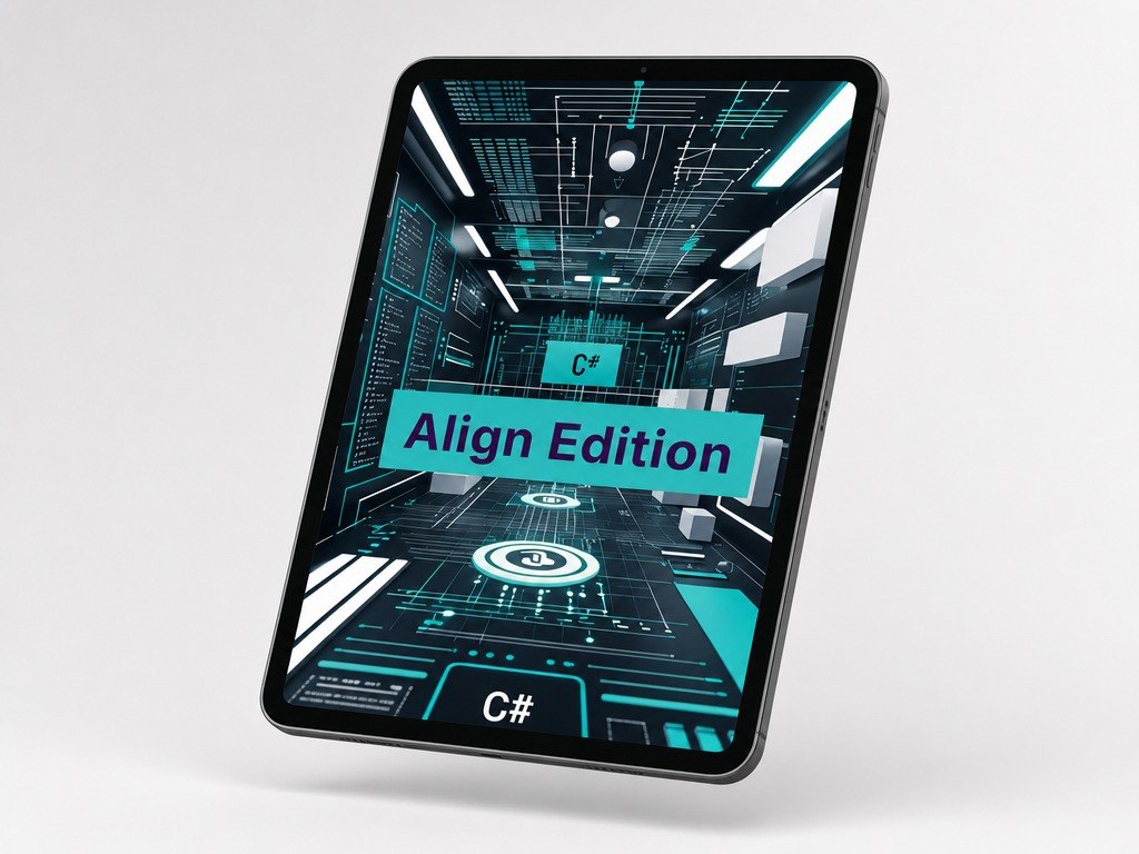Digital tablet displaying a futuristic interface with 'Align Edition' and 'C#' text on a white background