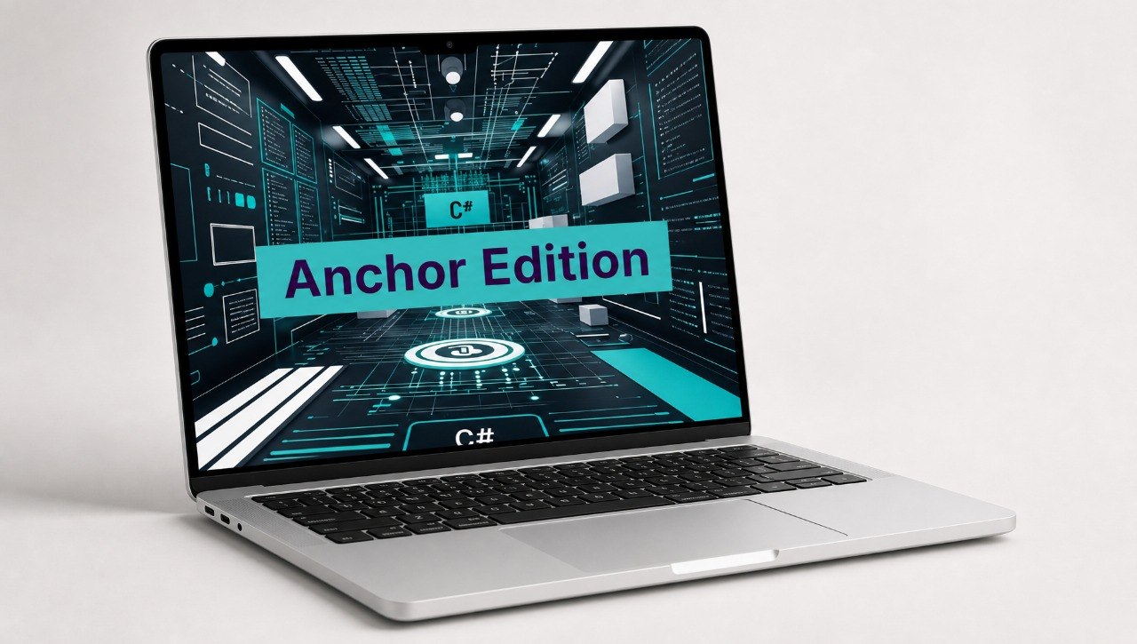 Laptop displaying a futuristic interface with 'Anchor Edition' text on a white background