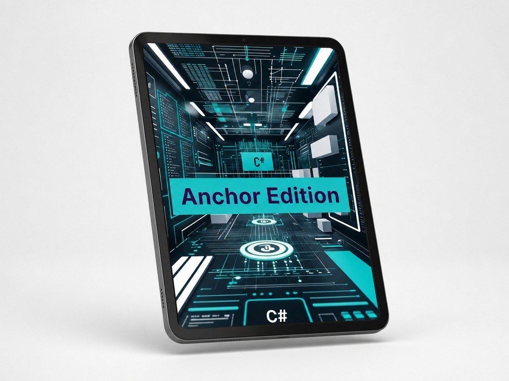 Digital tablet displaying a futuristic interface with 'Anchor Edition' text on a white background