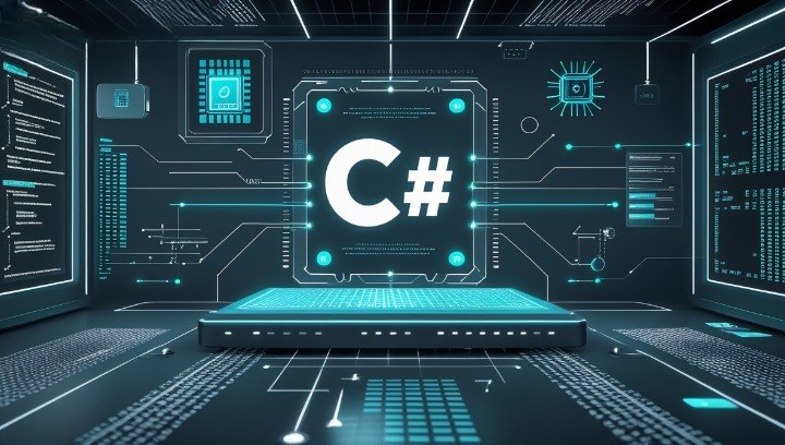 Digital rendering of a futuristic room with 'C#' logo on a digital screen.