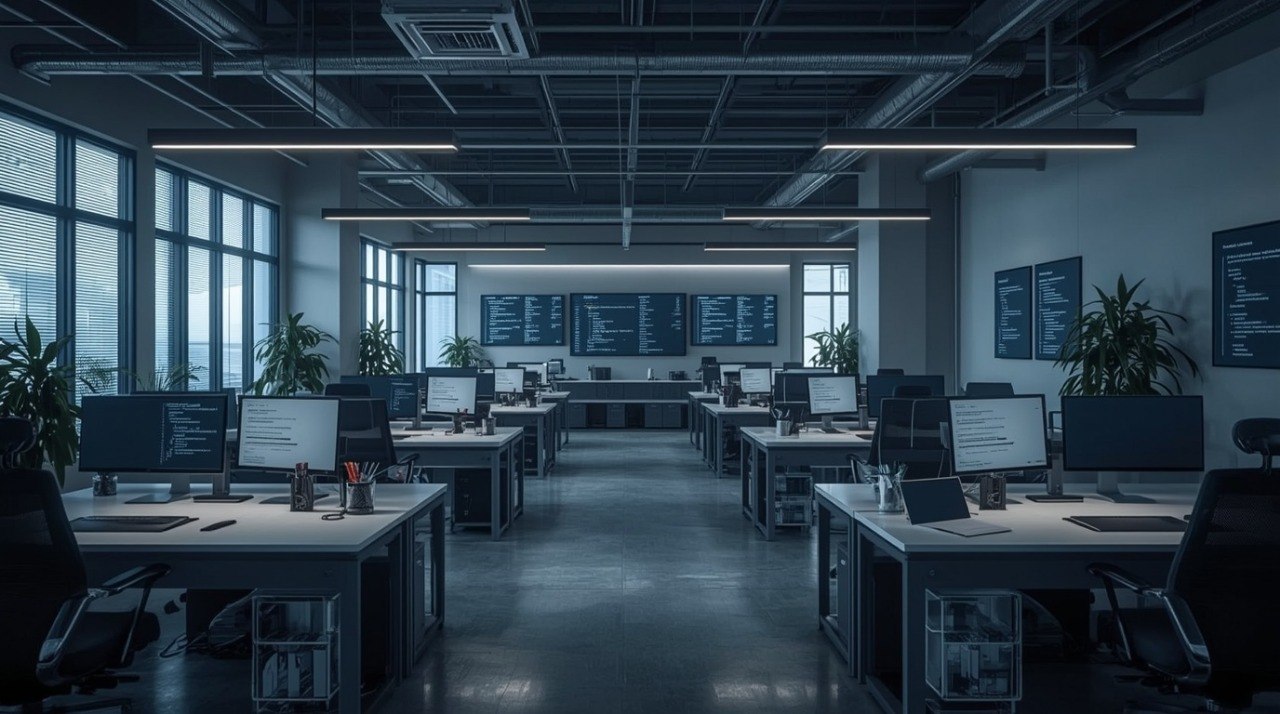 Dark office with multiple desks and computer monitors, large windows in the background