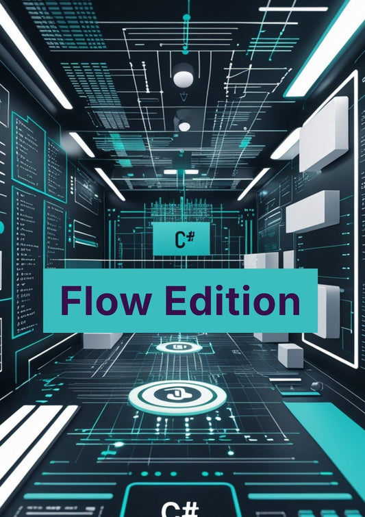 Futuristic interior with digital elements and 'C# Flow Edition' text