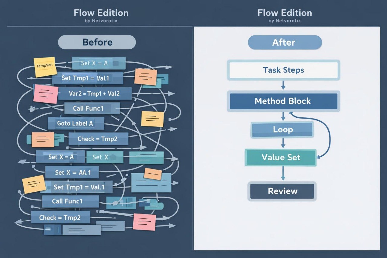 Comparison of complex flowchart before and after simplification with labeled steps.