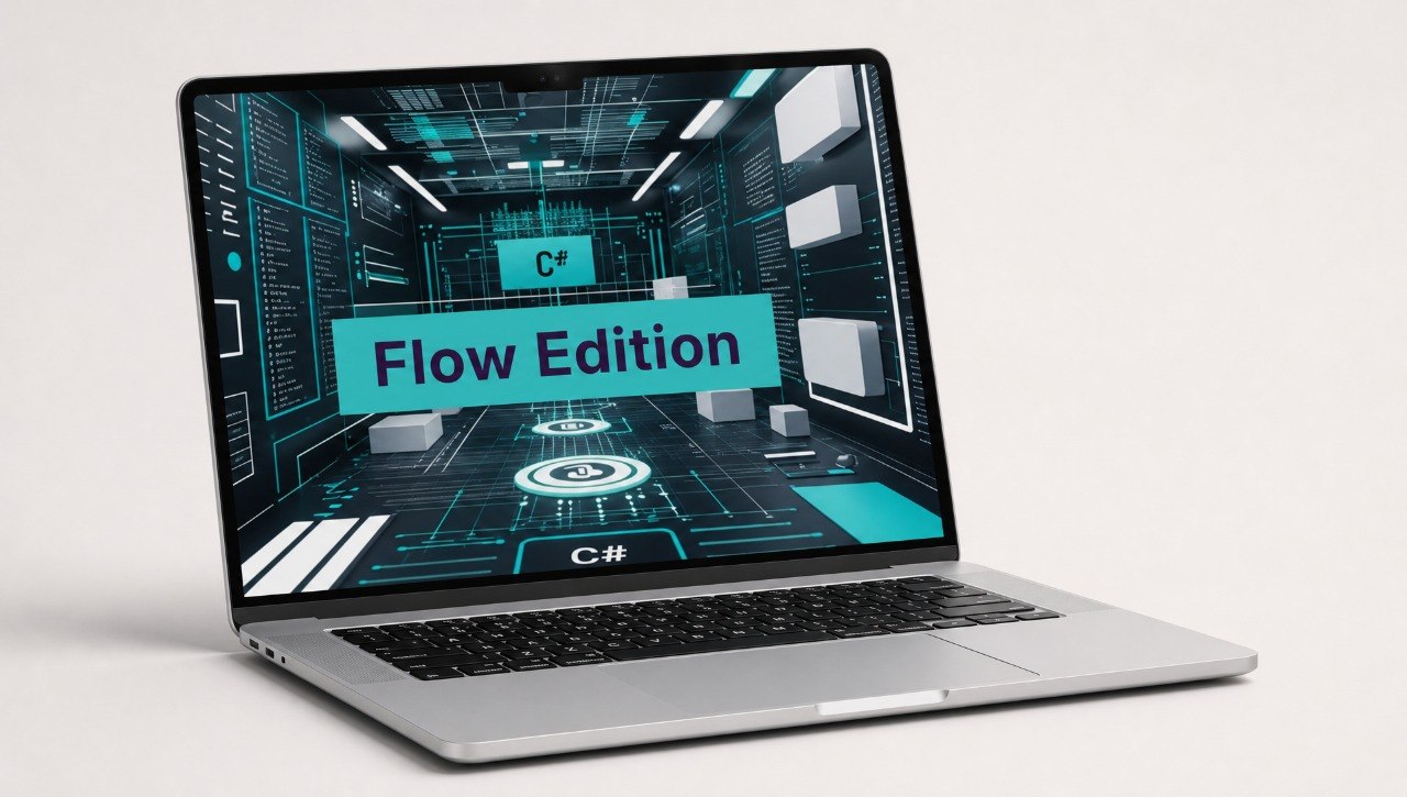 Laptop with a futuristic interface on the screen displaying 'Flow Edition'.