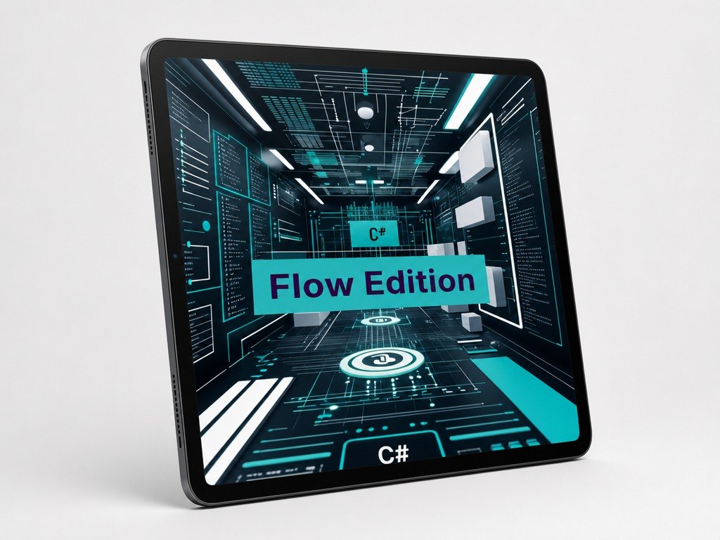 Digital tablet displaying a futuristic interface with 'Flow Edition' text on a white background