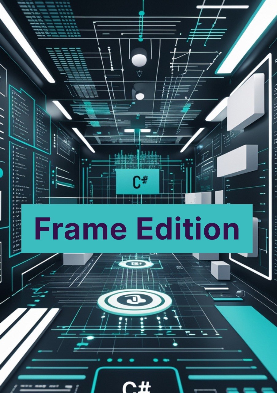 Cyberpunk-style interior with 'C# Frame Edition' text overlay