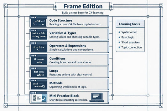 Educational diagram of C# code structure with learning focus points on a white background.