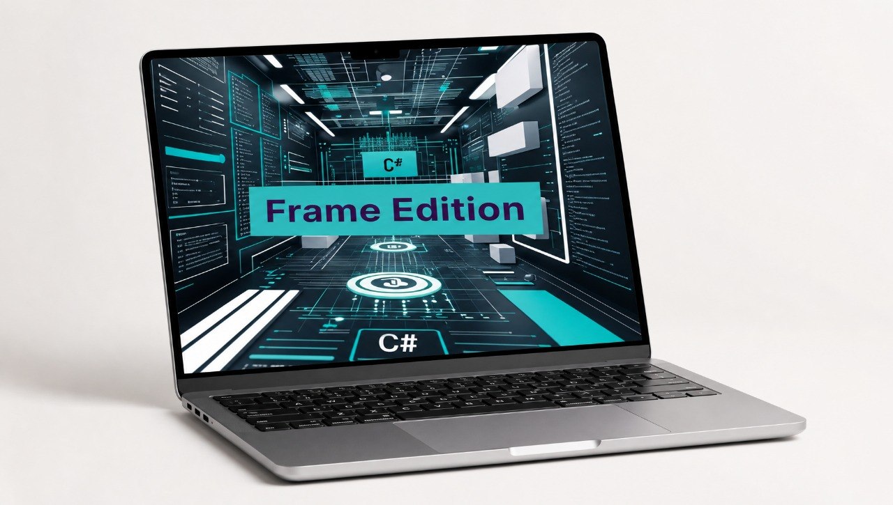 Laptop displaying a futuristic interface with 'Frame Edition' text on a white background
