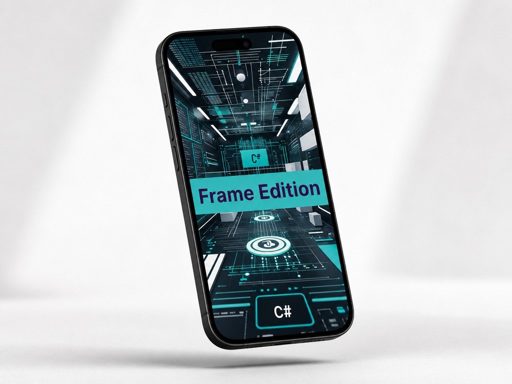 Smartphone with 'Frame Edition' on a futuristic interface on a white background