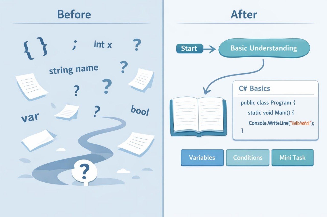 Educational diagram showing a journey from programming basics to C# basics with text and icons.