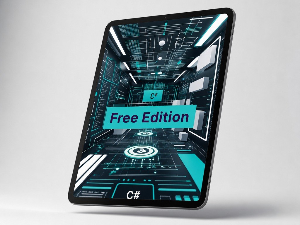 Digital tablet with a futuristic interface displaying 'Free Edition' and 'C#'.