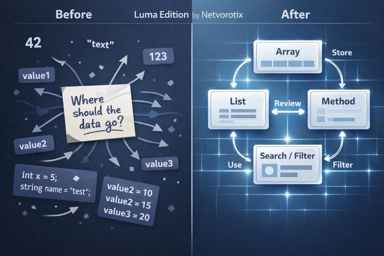 Before and after comparison of text organization with Luma Edition by Netvorotix on a dark blue background.
