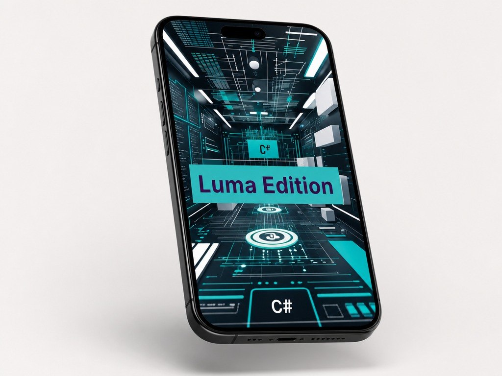 Smartphone with a futuristic interface and 'Luma Edition' text on a light gray background
