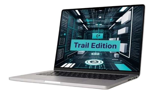 Laptop with a futuristic interface on the screen displaying 'Trail Edition'.