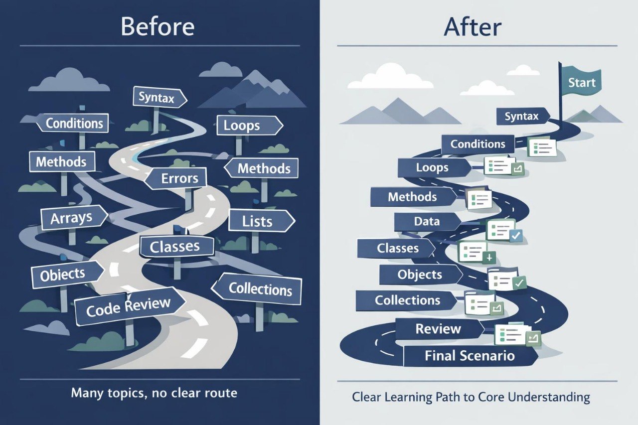 Comparison of a confusing learning path on the left and a clear learning path on the right.