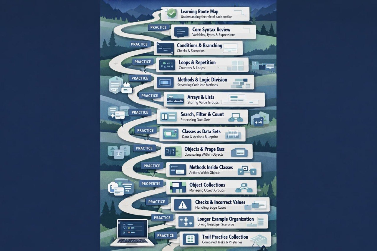 Educational infographic on a learning route map with various programming concepts.