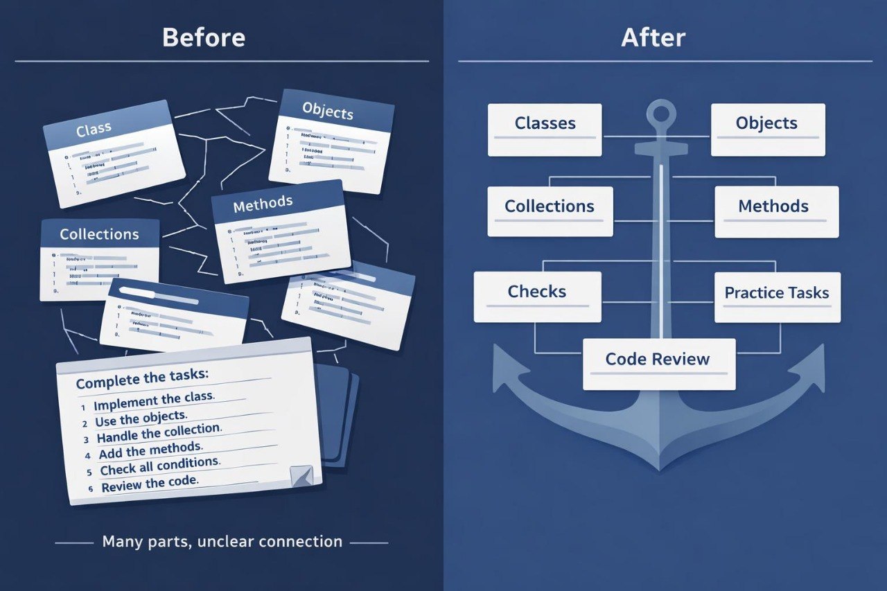 Comparison of 'Before' and 'After' diagrams on a blue background with an anchor symbol.