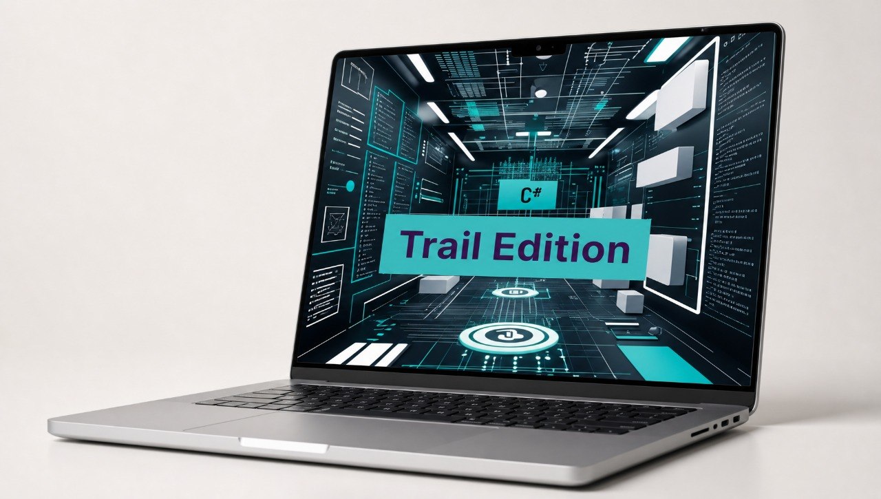 Laptop with a futuristic interface on the screen displaying 'Trail Edition'.