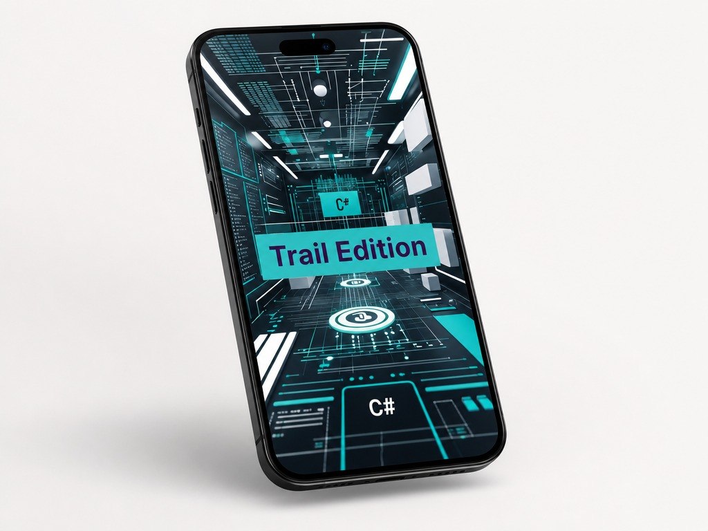 Smartphone with a futuristic interface on the screen displaying 'Trail Edition' on a white background